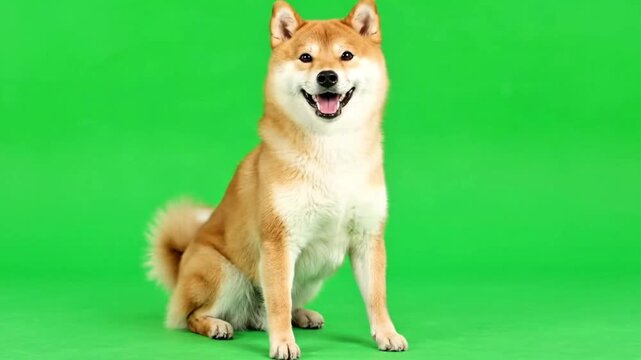 Cute Shiba Inu smiling with wagging tail, iconic fox-like look, cheerful pose, on a bright green screen background.