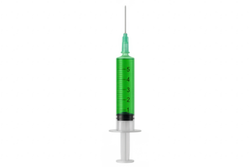 Medical syringe filled with green liquid on transparent background