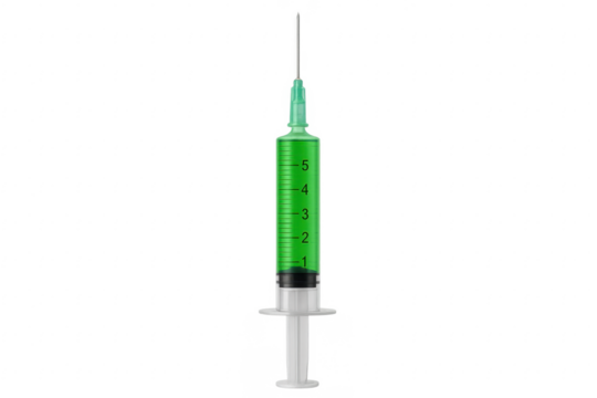 Medical syringe filled with green liquid on transparent background