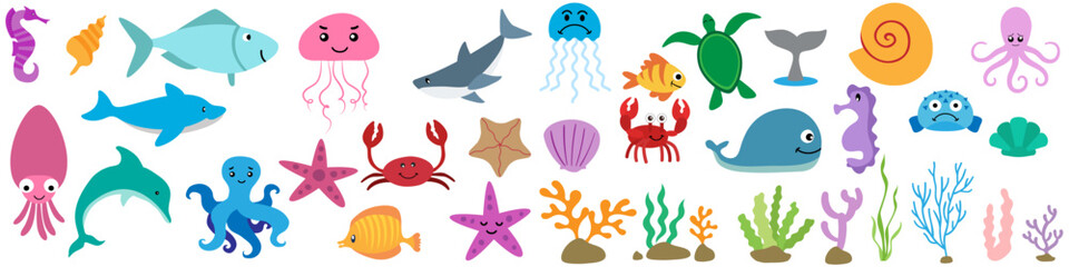 Cute sea animals icon vector set. Sea life illustration sign collection. ocean life symbol. 