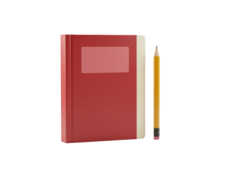 Isolated close-up of red notebook and pencil on minimal scene for business or education theme