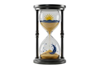 Isolated hourglass showing the passage of time with sun and moon symbols inside