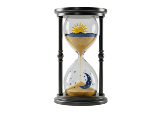 Isolated hourglass showing the passage of time with sun and moon symbols inside