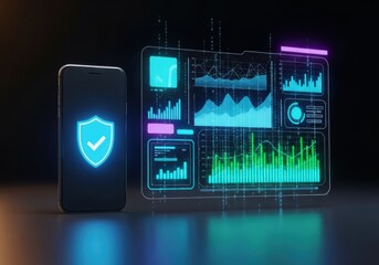 Futuristic digital security dashboard with smartphone and data visualization