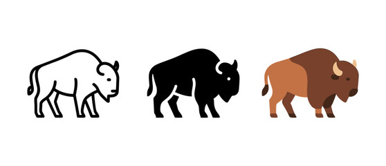 Bison trio in minimalist art: lineart, silhouette, and colorful flat design