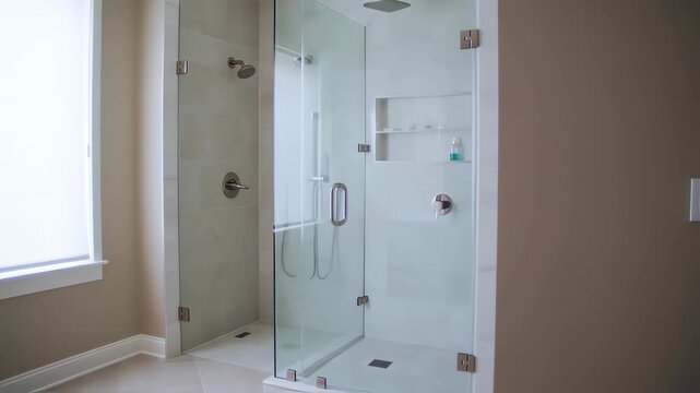 Modern glass shower enclosure with a white tiled surround and sleek fixtures