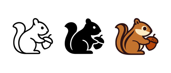 Squirrel holding acorn icons in outline, silhouette, and flat styles