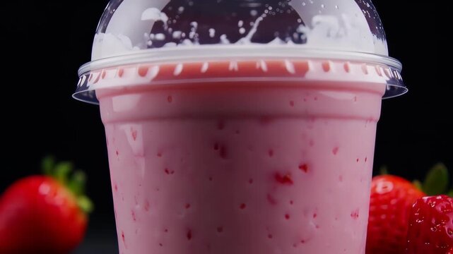 Close-up of a pink smoothie drink in a plastic cup with a clear lid