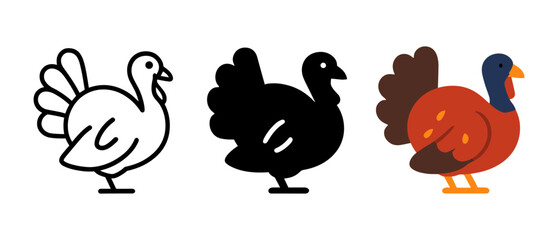 Turkey icons: outline, silhouette, and colorful thanksgiving bird designs
