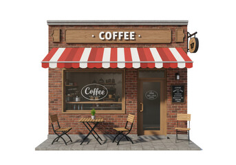 Isolated Coffee Shop Frontage with Red and White Awning and Outdoor Table and Chairs, 3D