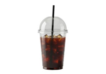 Isolated iced coffee in plastic cup with dome lid and straw ready for takeout or delivery