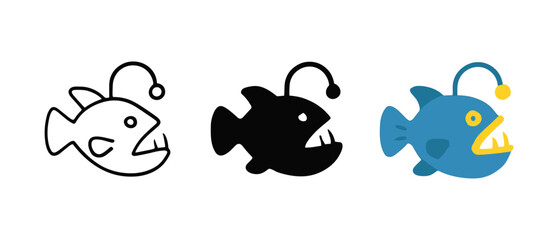 Anglerfish trio: outline, silhouette, and flat cartoon style