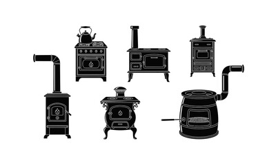 Collection of vintage stoves and fireplaces in silhouette style isolated on white background