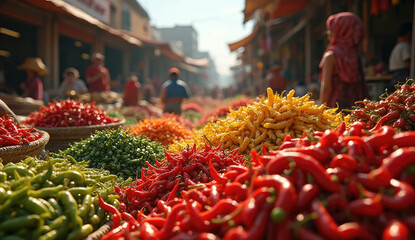 Colorful display of fresh chili peppers in a bustling market in Mexico capturing vibrant local culture and flavors 