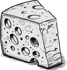 Hand-drawn cheese wedge line art vector, abstract doodle holes outline, simple black and white dairy food sketch