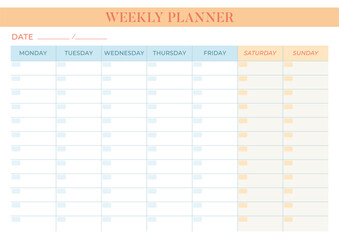 Minimalistic Weekly planner page template. Horizontal simple agenda routine organizer