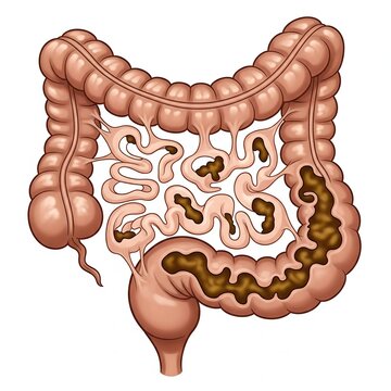 f a megacolon, showing a significantly distended and enlarged large intestine. Focus on the dramatic increase in size and potential areas of fecal impaction (abstractly represented). Clear, anatomical