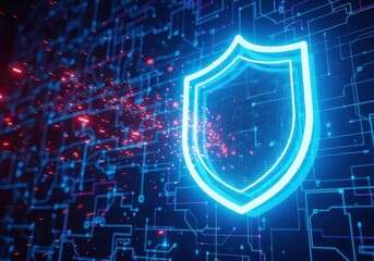Glowing blue shield symbol protecting digital network data and information