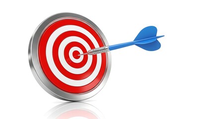 A blue dart perfectly hits the bullseye of a red and white target.
