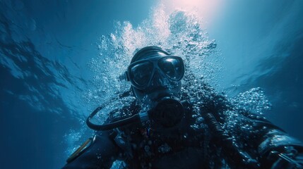 A scuba diver underwater, wearing a mask and breathing apparatus, surrounded by bubbles in the blue ocean with sunlight from above.