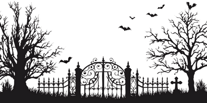 Graveyard gate with bare trees and bats isolated on a transparent background cemetery