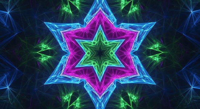 Vibrant Abstract Fractal Star Pattern with Glowing Blue, Magenta, and Green Light Rays