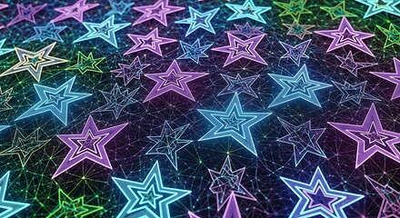 Abstract Colorful Glowing Stars Pattern with Digital Network Background