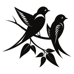 Elegant Black Silhouette Swallows on Branch, Nature, Romantic, Spring