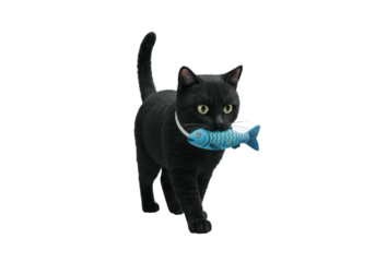 Isolated sleek black cat carrying a blue toy fish in mouth, walking towards the viewer