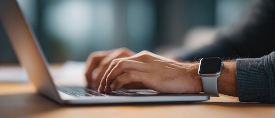 Close - up of a person's hands typing on a laptop keyboard, with a smartwatch on the wrist, against a blurred background.
