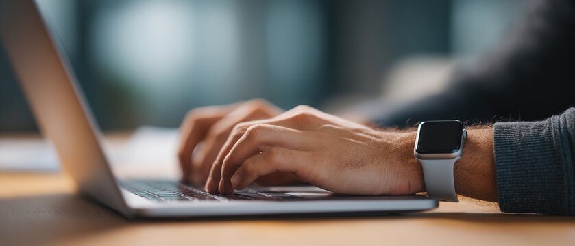 Close - up of a person's hands typing on a laptop keyboard, with a smartwatch on the wrist, against a blurred background.