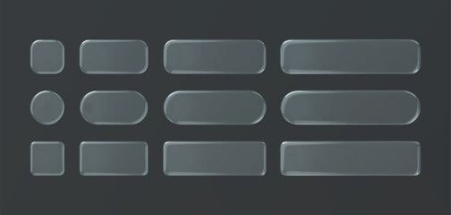 Glass round square transparent button set on grey background. 3d vector realistic ui icon.
