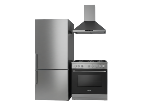 Isolated steel kitchen appliances fridge, gas stove, oven and cooker hood on display