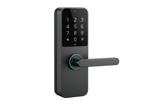 Isolated smart door lock with keypad and handle, modern security device for home or apartment