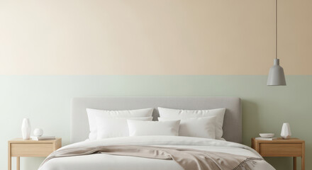 Serene bedroom with two tone walls and cozy bedding creates a relaxing atmosphere