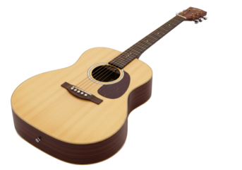 Isolated instrument featuring an acoustic guitar with a light wood body and dark sides