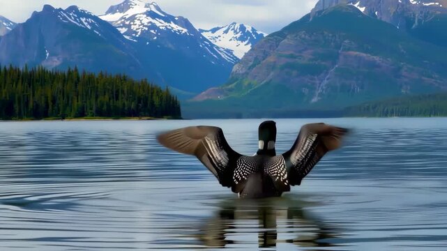 A loon with outstretched wings on a serene lake, surrounded by snow-capped mountains and lush forests