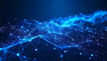 An Abstract Blue Digital Network with a Wave of Connected Dots.