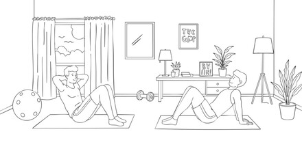 Modern line art illustration of two men completing a home workout, focusing on core and arm strengthening exercises in an indoor setting, promoting fitness and active living
