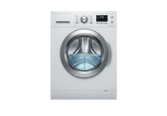 Isolated front-load washing machine with display showing a program running and some water inside