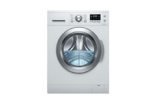 Isolated front-load washing machine with display showing a program running and some water inside