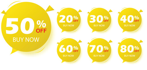 Different percent discount sticker discount price tag set. Round speech bubble shape promote buy now with sell off up to 20, 30, 40, 50, 60, 70, 80 percentage vector illustration. Vector EPS10.
