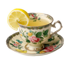 Fototapeta premium Tea with lemon in an antique porcelain cup png