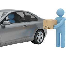 Isolated Courier delivers box to the car, package delivery service, cardboard shipping container