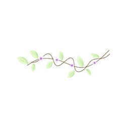 Green vine branch with leaves and purple flowers illustration. Floral vine branch with green leaves and small purple flowers vector.