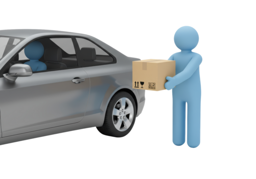 Isolated Courier delivers box to the car, package delivery service, cardboard shipping container