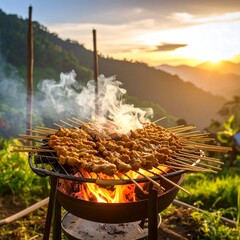 Sunset grilling scene with skewers of meat cooking over an open fire