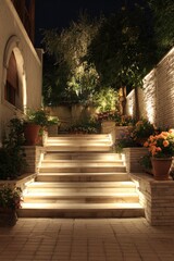 Naklejka premium Lit stone steps leading to garden at night