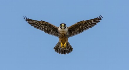 Fototapeta premium Peregrine Falcon Flying Against Clear Blue Sky, Wings Spread Wide