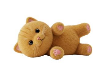 Isolated ginger cat soft toy lying on back, fluffy fur, cheerful mood, children's plaything